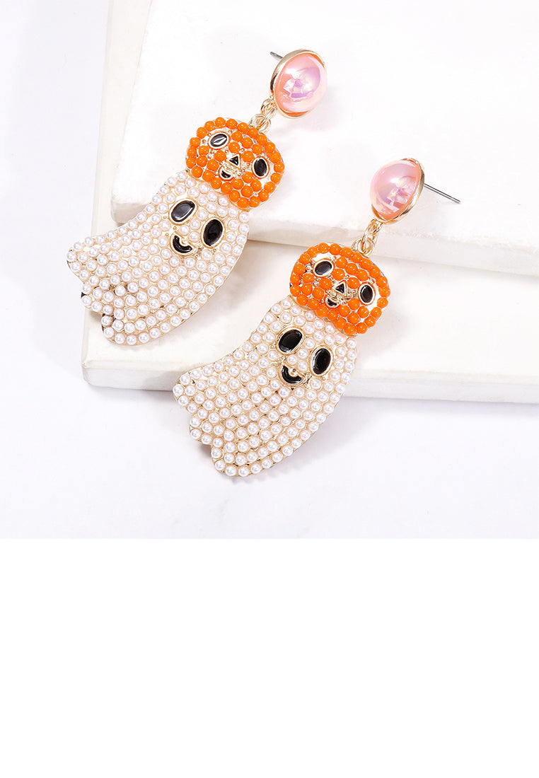 Creative and Cute Plated Gold Halloween Ghost White Ball Earrings