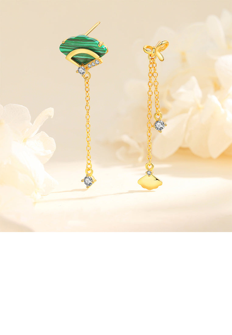 925 Sterling Silver Plated Gold Fashion Temperament Fan Tassel Asymmetric Earrings with Cubic Zirconia - Luxurious Look