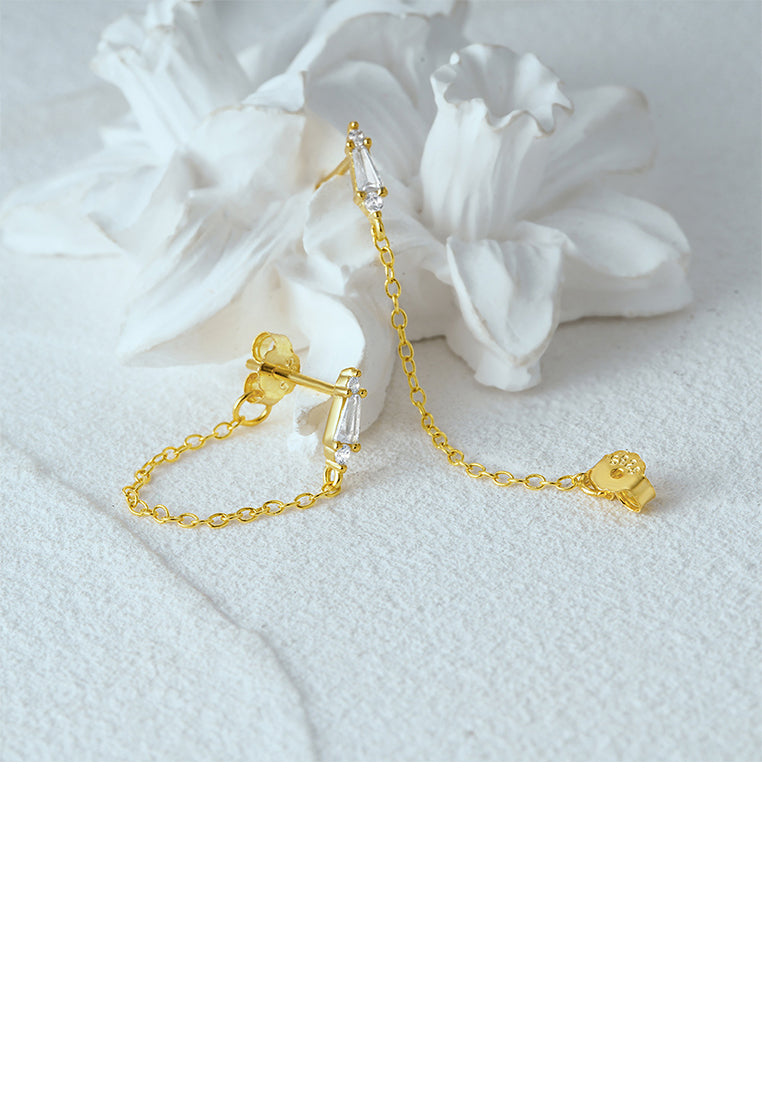 925 Sterling Silver Plated Gold Simple Personality Triangular Geometric Tassel Stud Earrings with Cubic Zirconia - Luxurious Look