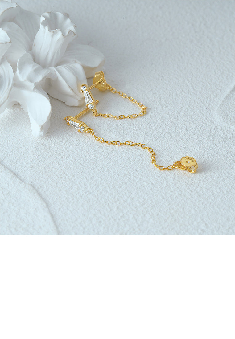 925 Sterling Silver Plated Gold Simple Personality Triangular Geometric Tassel Stud Earrings with Cubic Zirconia - Luxurious Look