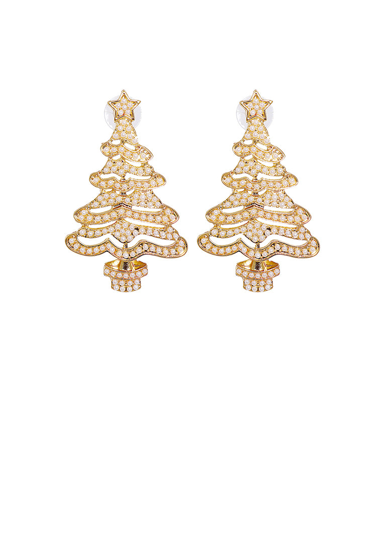 Fashion and Elegant Plated Gold Christmas Tree Stud Earrings with Imitation Pearls