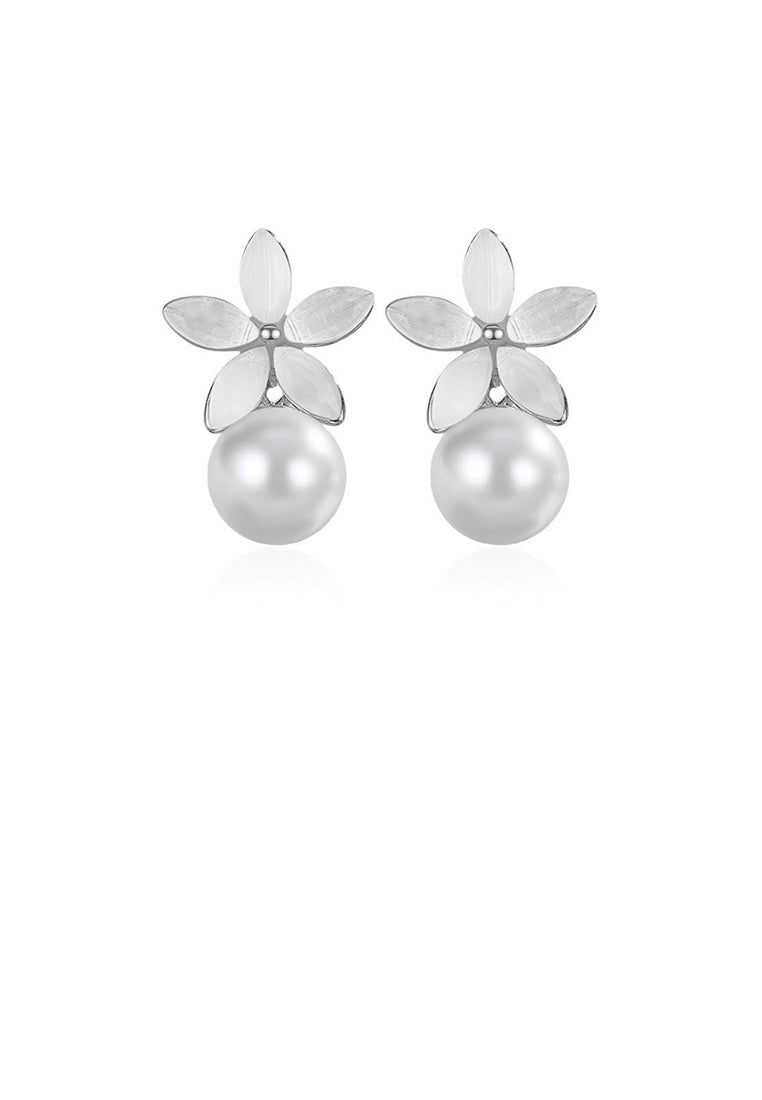 925 Sterling Silver Simple and Elegant Flower Imitation Pearl Stud Earrings - Luxurious Look