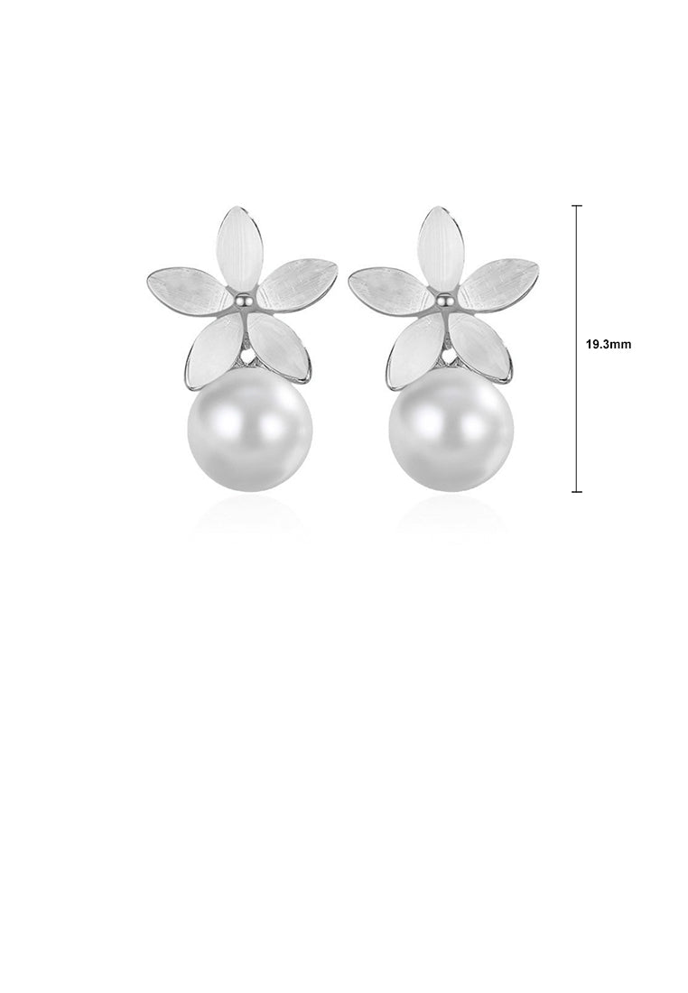 925 Sterling Silver Simple and Elegant Flower Imitation Pearl Stud Earrings - Luxurious Look