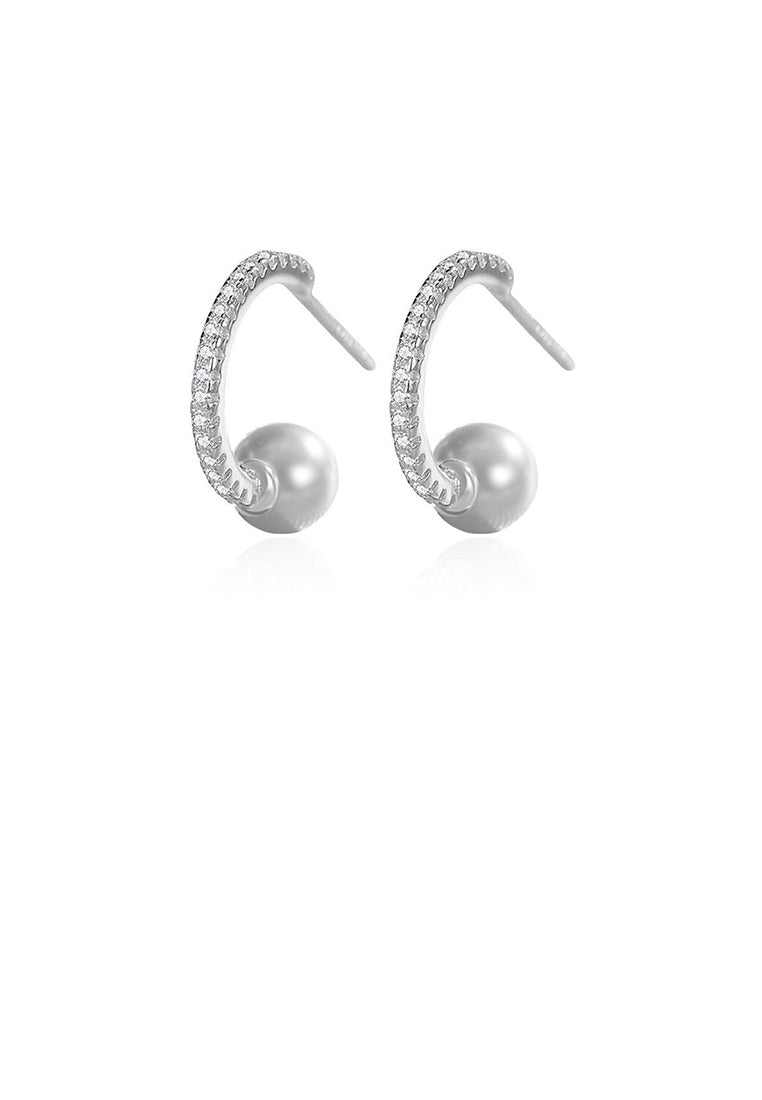 925 Sterling Silver Fashion and Elegant C-shaped Geometric Imitation Pearl Stud Earrings with Cubic Zirconia - Luxurious Look