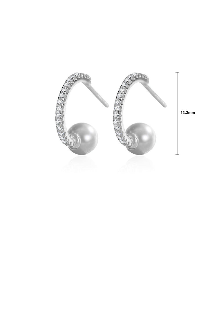 925 Sterling Silver Fashion and Elegant C-shaped Geometric Imitation Pearl Stud Earrings with Cubic Zirconia - Luxurious Look