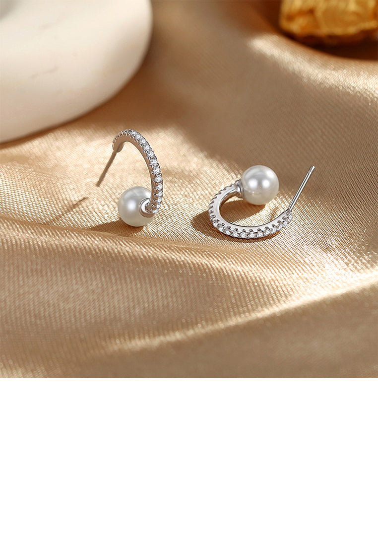 925 Sterling Silver Fashion and Elegant C-shaped Geometric Imitation Pearl Stud Earrings with Cubic Zirconia - Luxurious Look