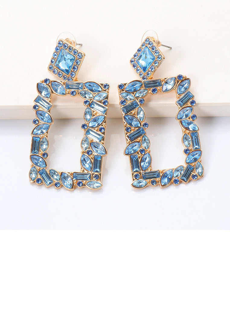Fashion and Simple Plated Gold Hollow Rectangular Earrings with Blue Cubic Zirconia - Luxurious Look