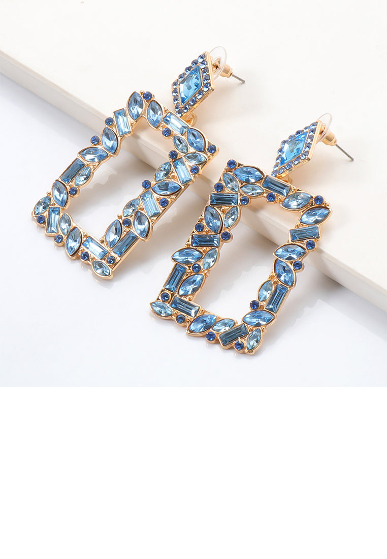 Fashion and Simple Plated Gold Hollow Rectangular Earrings with Blue Cubic Zirconia - Luxurious Look