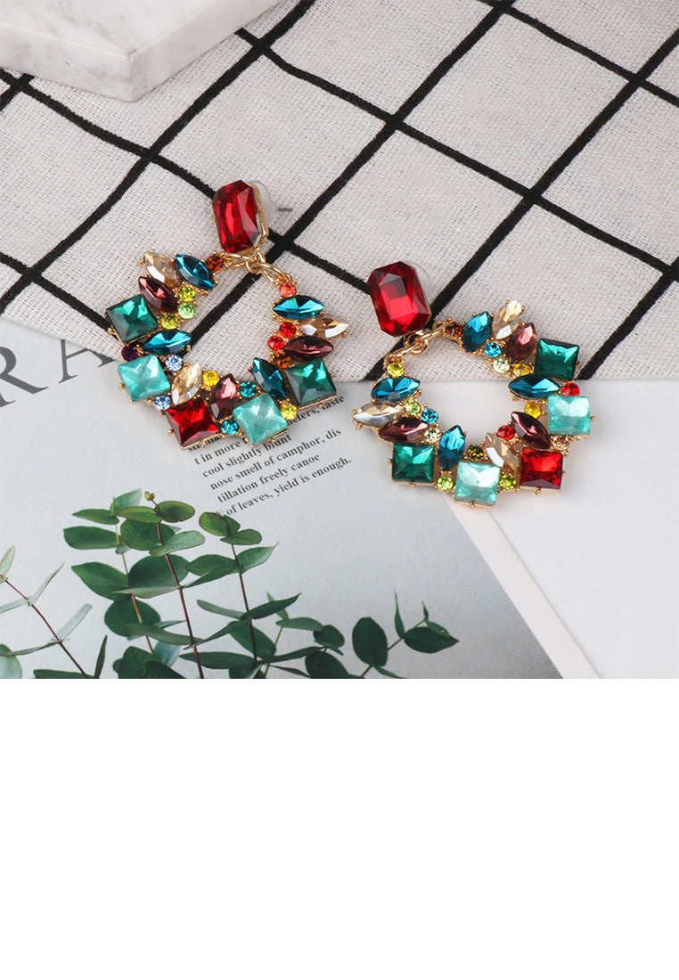 Elegant Brilliant Plated Gold Hollow Geometric Earrings with Colored Cubic Zirconia - Luxurious Look