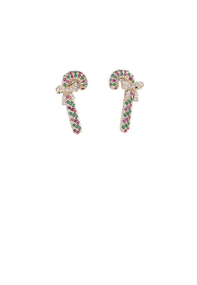 Fashion Cute Plated Gold Christmas Cane Stud Earrings with Cubic Zirconia - Luxurious Look