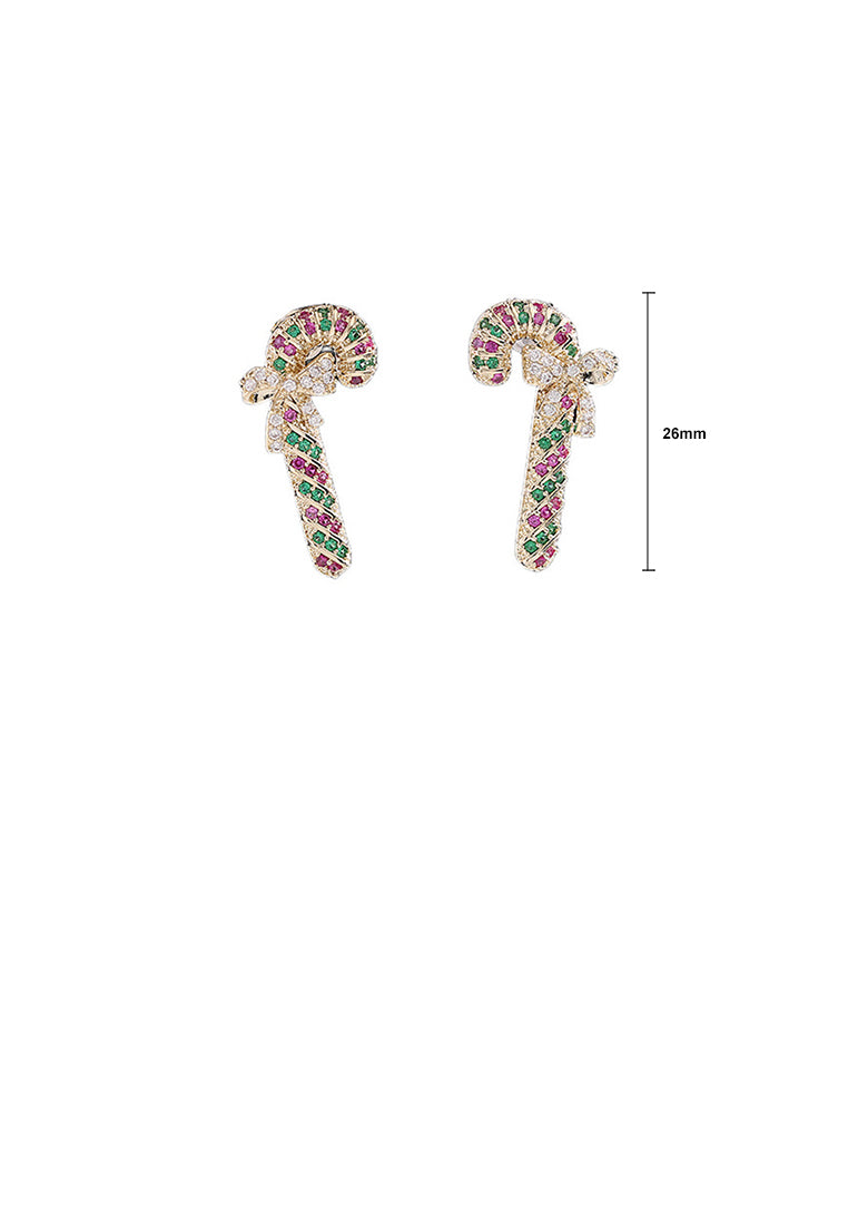 Fashion Cute Plated Gold Christmas Cane Stud Earrings with Cubic Zirconia - Luxurious Look