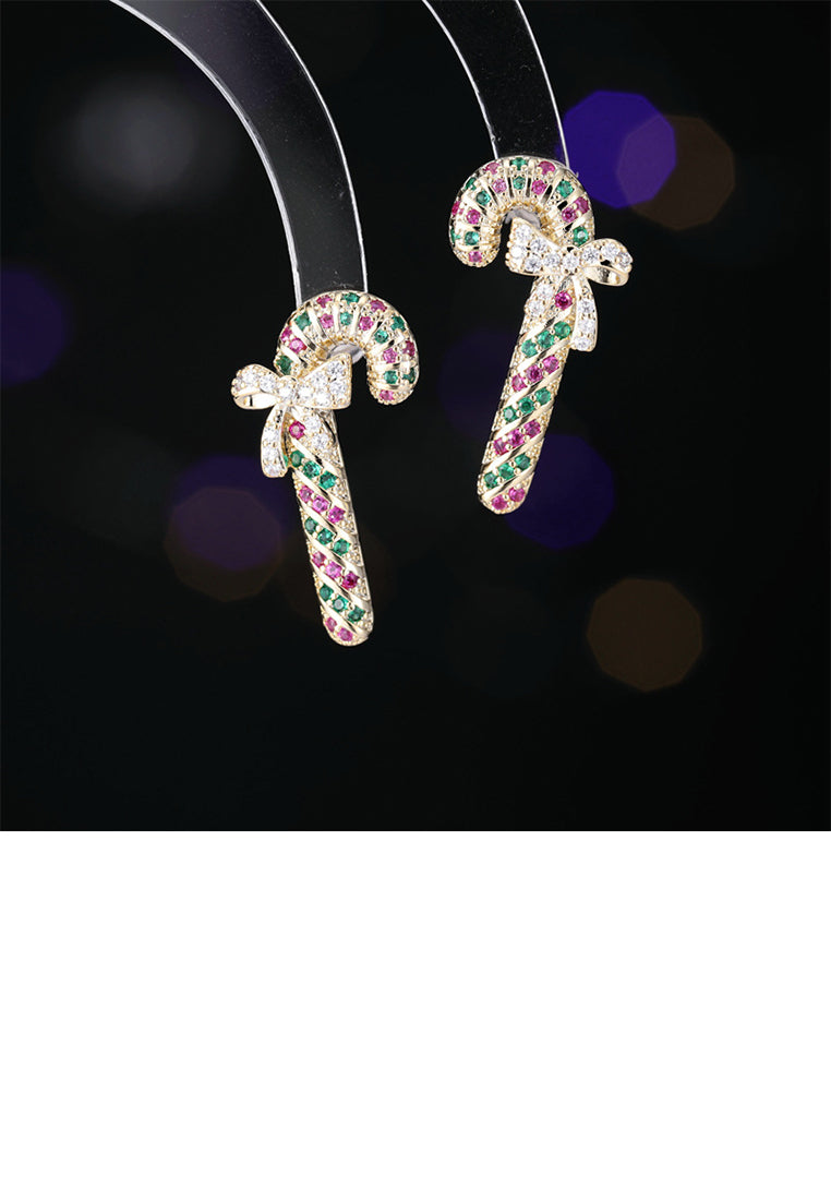 Fashion Cute Plated Gold Christmas Cane Stud Earrings with Cubic Zirconia - Luxurious Look