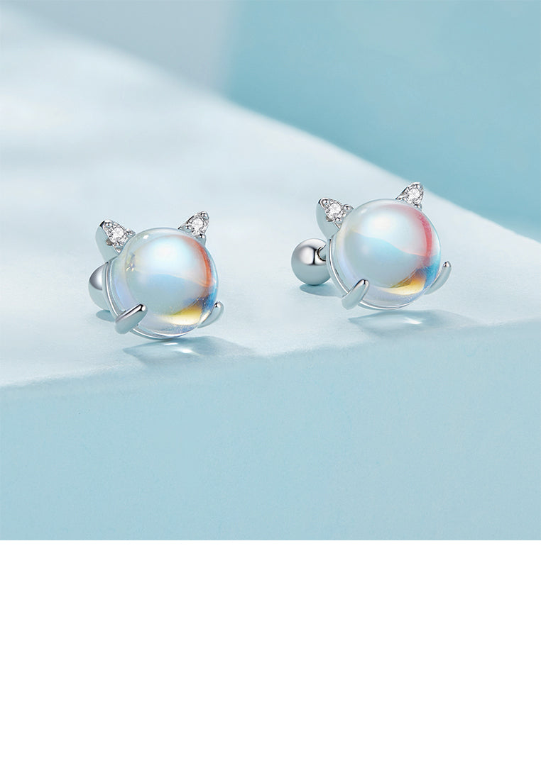 925 Sterling Silver Simple and Cute Cat Imitation Opal Stud Earrings with Cubic Zirconia - Luxurious Look
