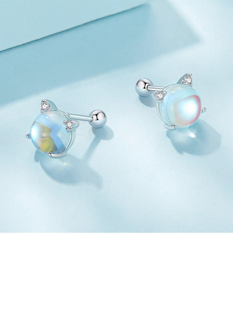 925 Sterling Silver Simple and Cute Cat Imitation Opal Stud Earrings with Cubic Zirconia - Luxurious Look