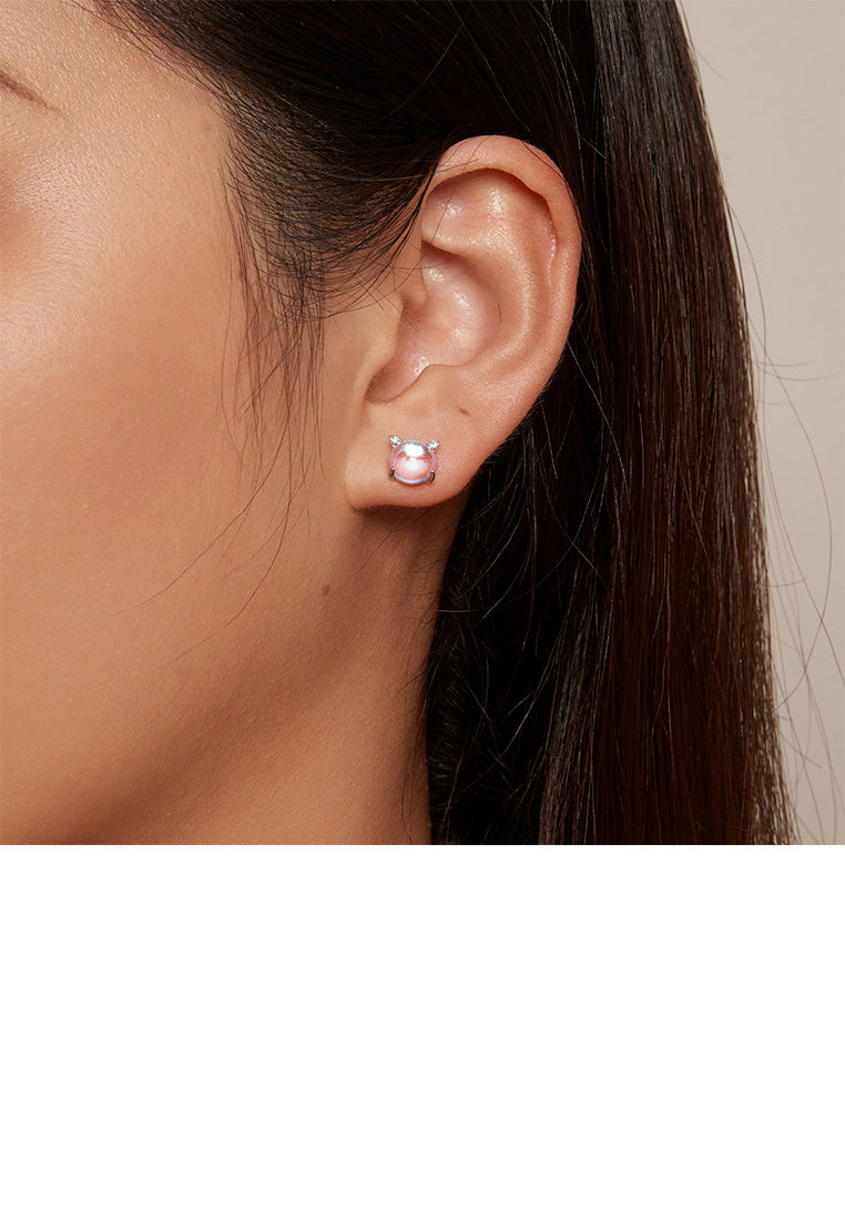 925 Sterling Silver Simple and Cute Cat Imitation Opal Stud Earrings with Cubic Zirconia - Luxurious Look