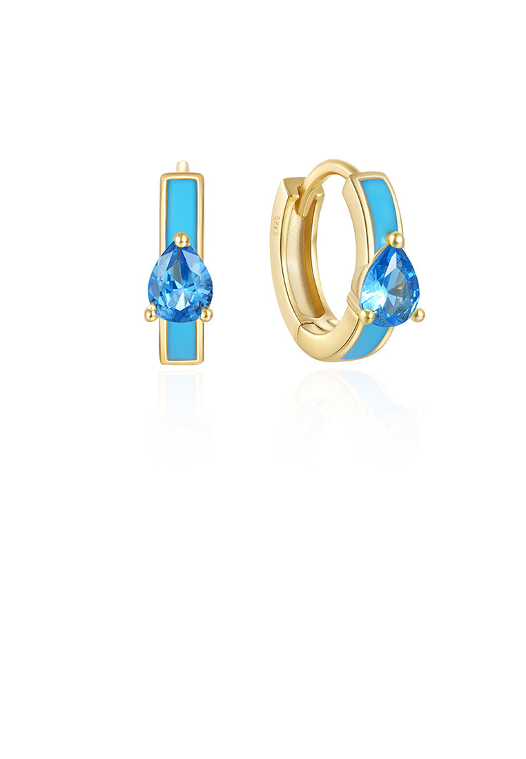 925 Sterling Silver Plated Gold Simple Personalized Enamel Blue Geometric Earrings with Cubic Zirconia - Luxurious Look