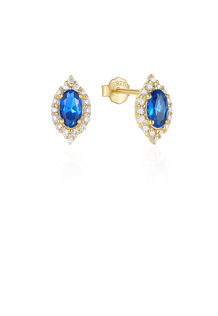925 Sterling Silver Plated Gold Simple Brilliant Water Drop-shaped Geometric Stud Earrings with Blue Cubic Zirconia - Luxurious Look