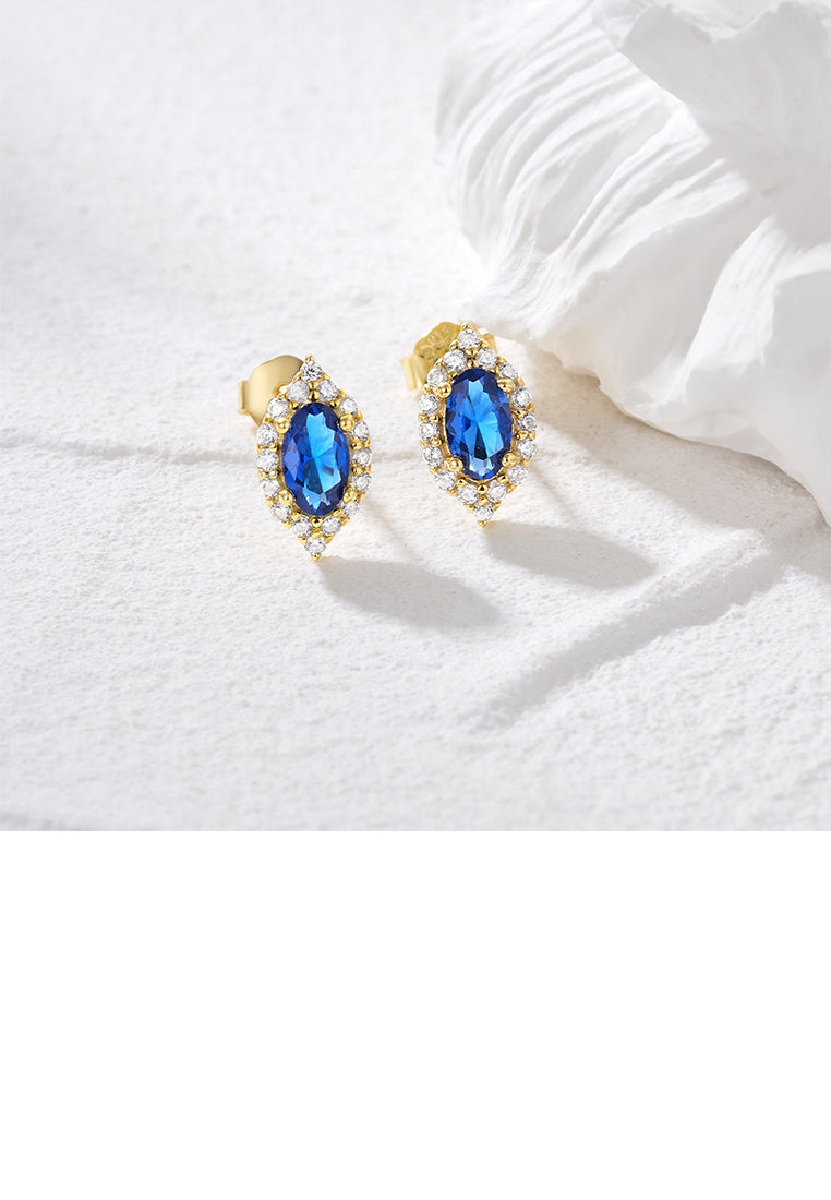 925 Sterling Silver Plated Gold Simple Brilliant Water Drop-shaped Geometric Stud Earrings with Blue Cubic Zirconia - Luxurious Look