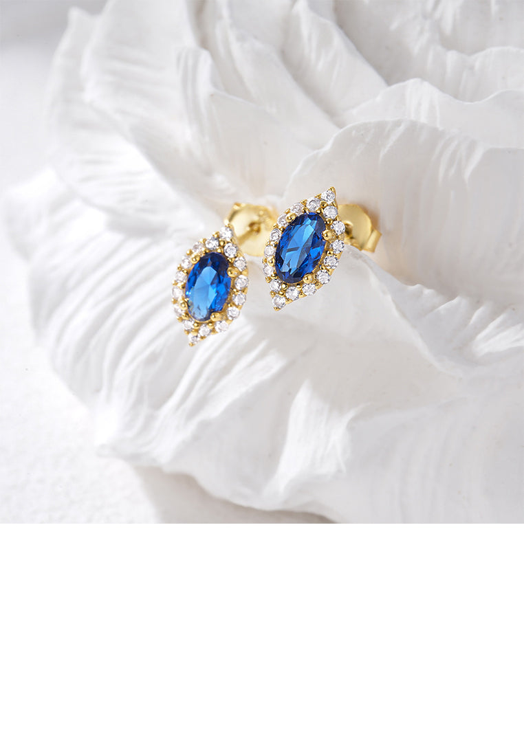 925 Sterling Silver Plated Gold Simple Brilliant Water Drop-shaped Geometric Stud Earrings with Blue Cubic Zirconia - Luxurious Look