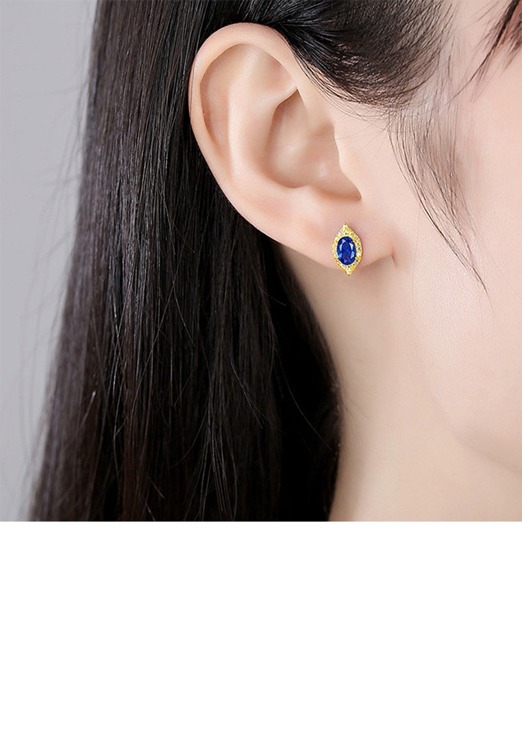 925 Sterling Silver Plated Gold Simple Brilliant Water Drop-shaped Geometric Stud Earrings with Blue Cubic Zirconia - Luxurious Look
