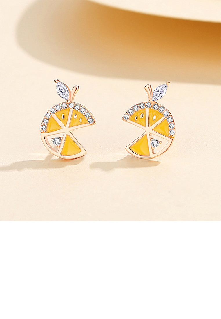 925 Sterling Silver Plated Rose Gold Simple Sweet Lemon Stud Earrings with Cubic Zirconia - Luxurious Look