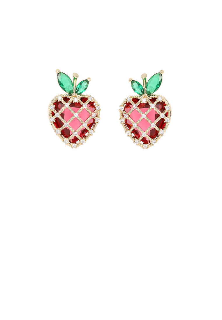 Sweet and Cute Plated Gold Strawberry Stud Earrings with Red Cubic Zirconia - Luxurious Look - Vibrant Color