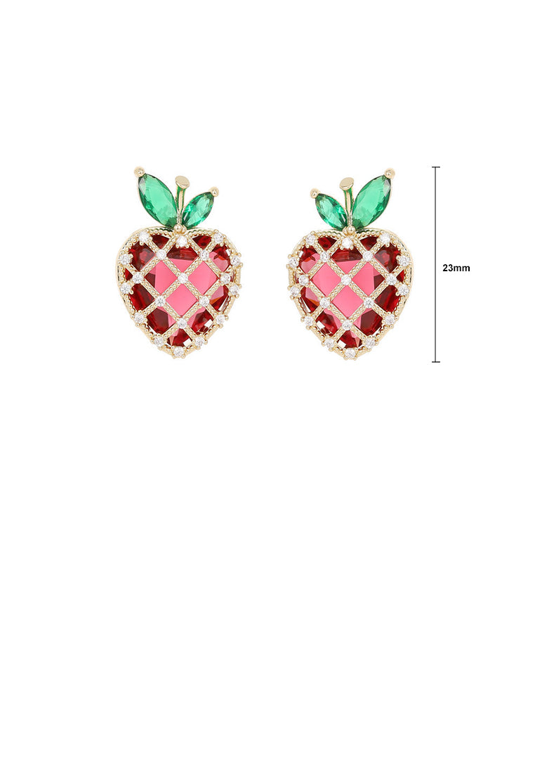 Sweet and Cute Plated Gold Strawberry Stud Earrings with Red Cubic Zirconia - Luxurious Look - Vibrant Color