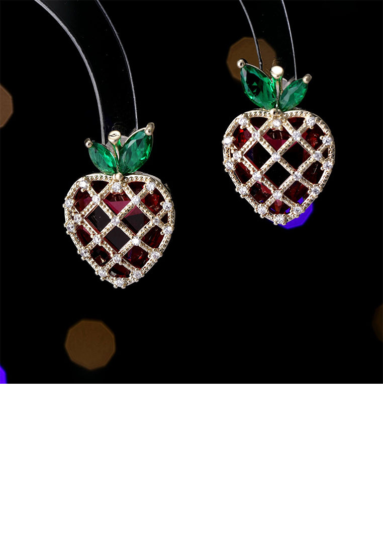 Sweet and Cute Plated Gold Strawberry Stud Earrings with Red Cubic Zirconia - Luxurious Look - Vibrant Color