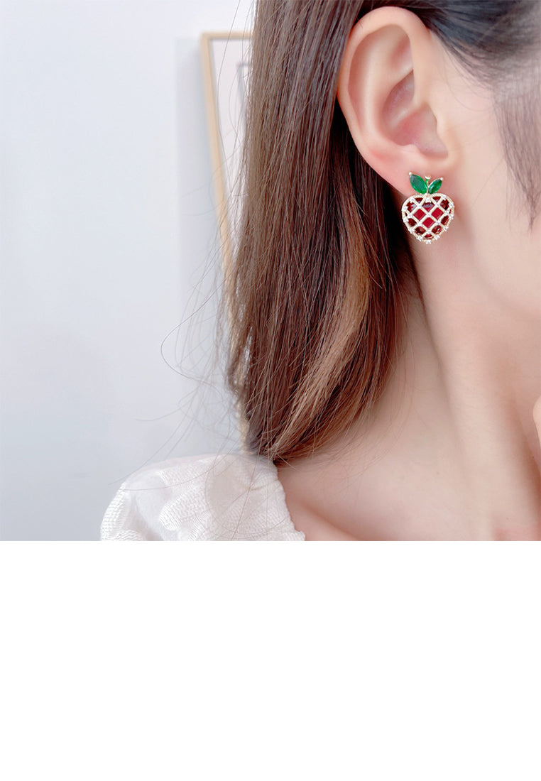 Sweet and Cute Plated Gold Strawberry Stud Earrings with Red Cubic Zirconia - Luxurious Look - Vibrant Color