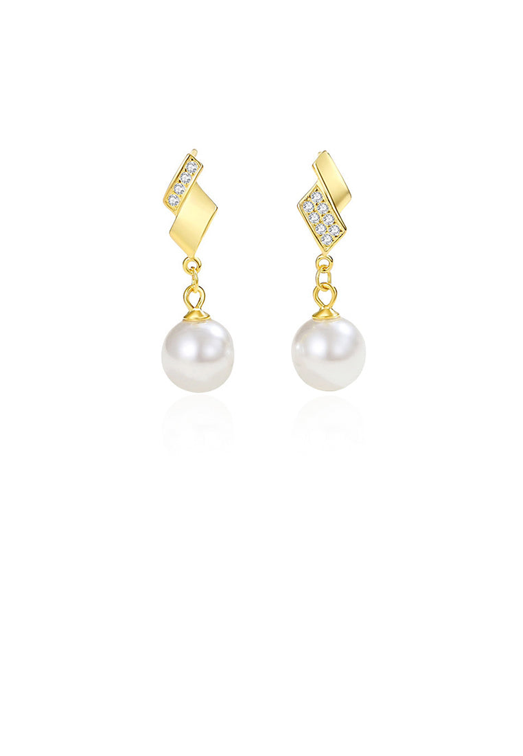 925 Sterling Silver Plated Gold Simple and Fashion Geometric Tassel Imitation Pearl Earrings with Cubic Zirconia - Luxurious Look