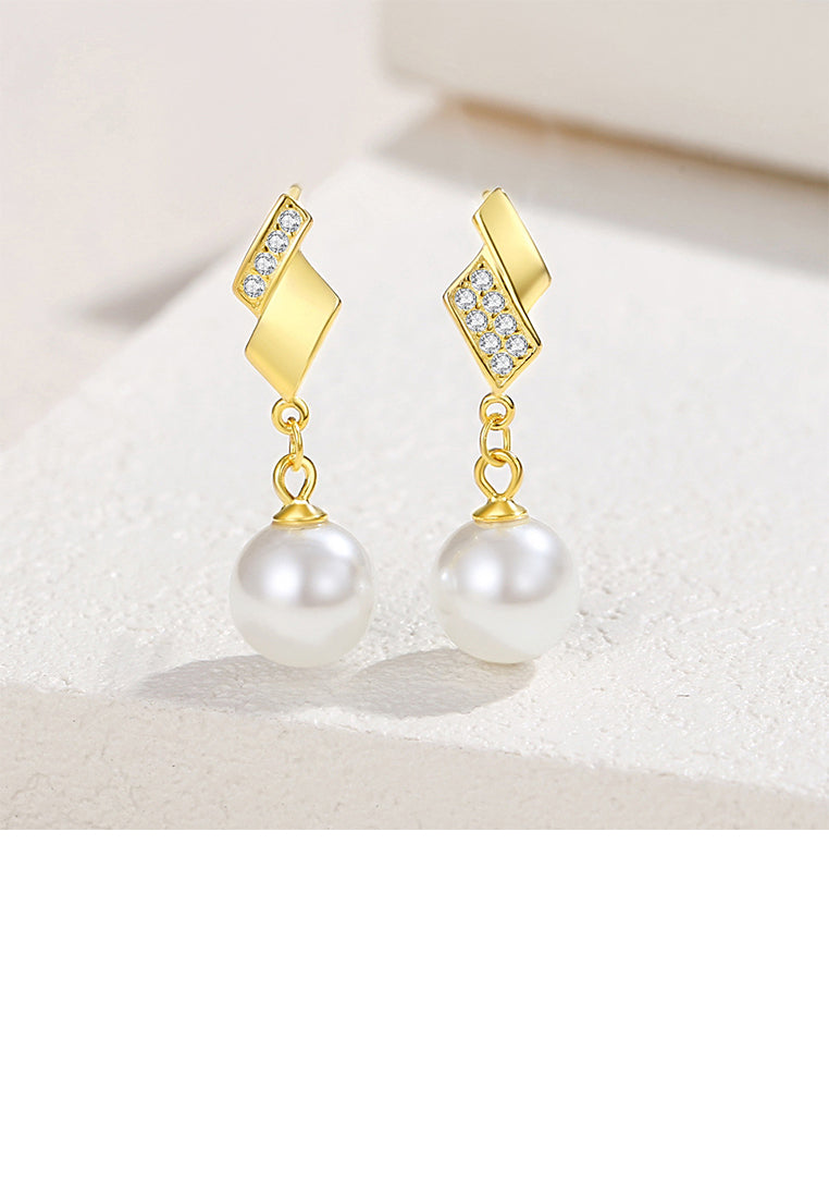 925 Sterling Silver Plated Gold Simple and Fashion Geometric Tassel Imitation Pearl Earrings with Cubic Zirconia - Luxurious Look