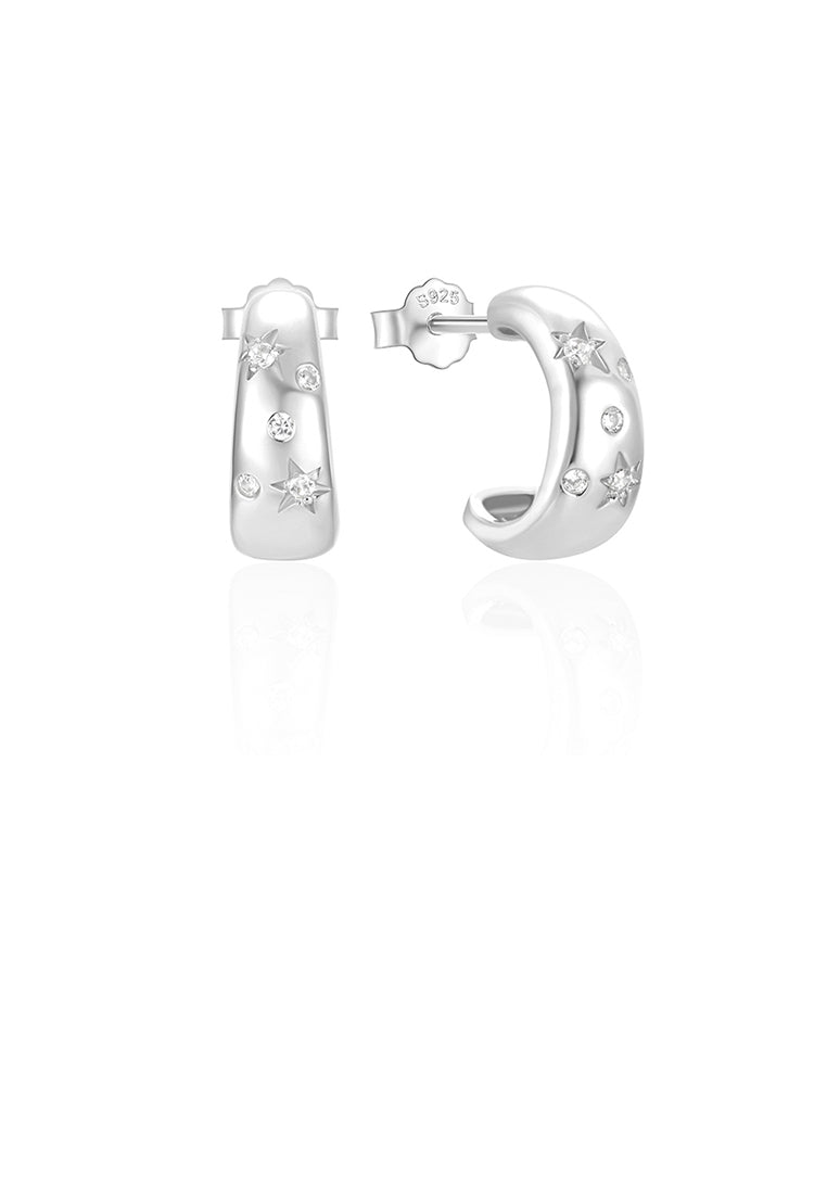 925 Sterling Silver Simple Fashion Star Pattern C-shaped Geometric Stud Earrings with Cubic Zirconia - Luxurious Look