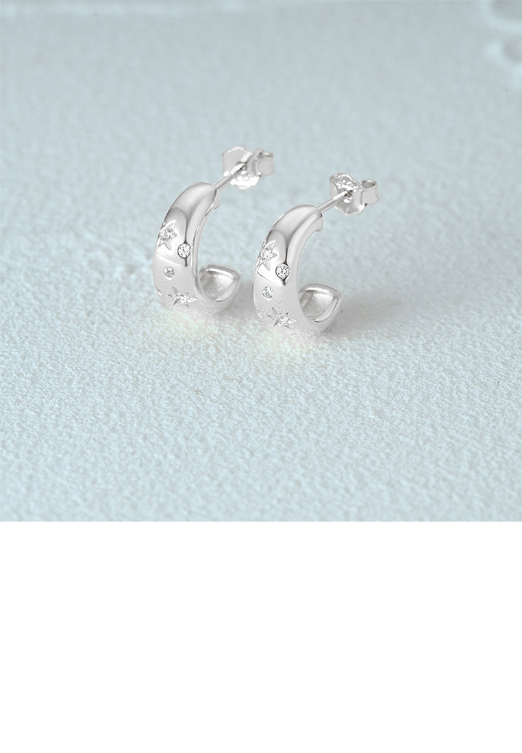 925 Sterling Silver Simple Fashion Star Pattern C-shaped Geometric Stud Earrings with Cubic Zirconia - Luxurious Look