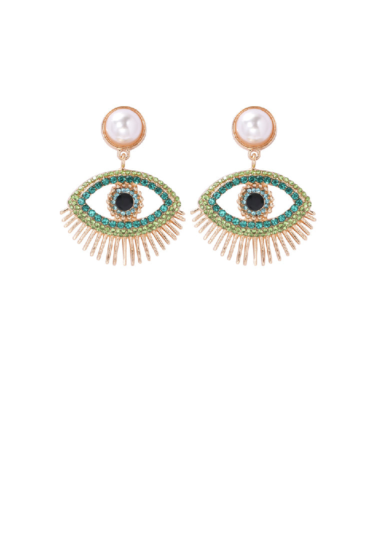 Fashion Personality Plated Gold Devil Eye Imitation Pearl Earrings with Green Cubic Zirconia - Luxurious Look