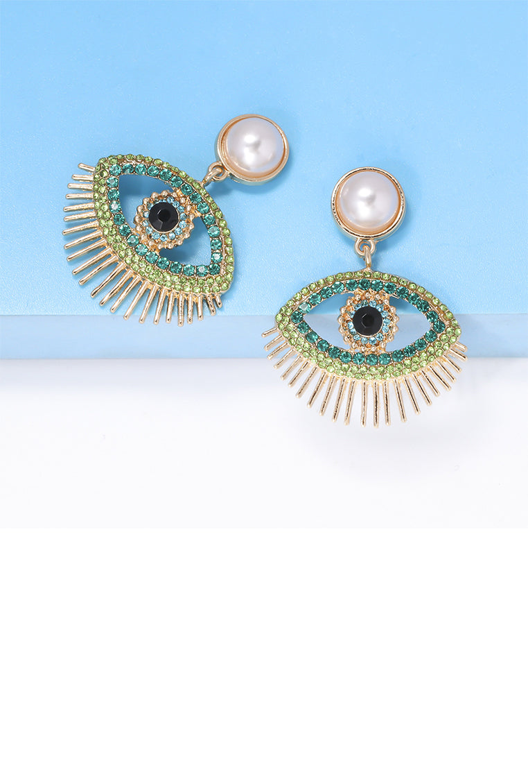Fashion Personality Plated Gold Devil Eye Imitation Pearl Earrings with Green Cubic Zirconia - Luxurious Look