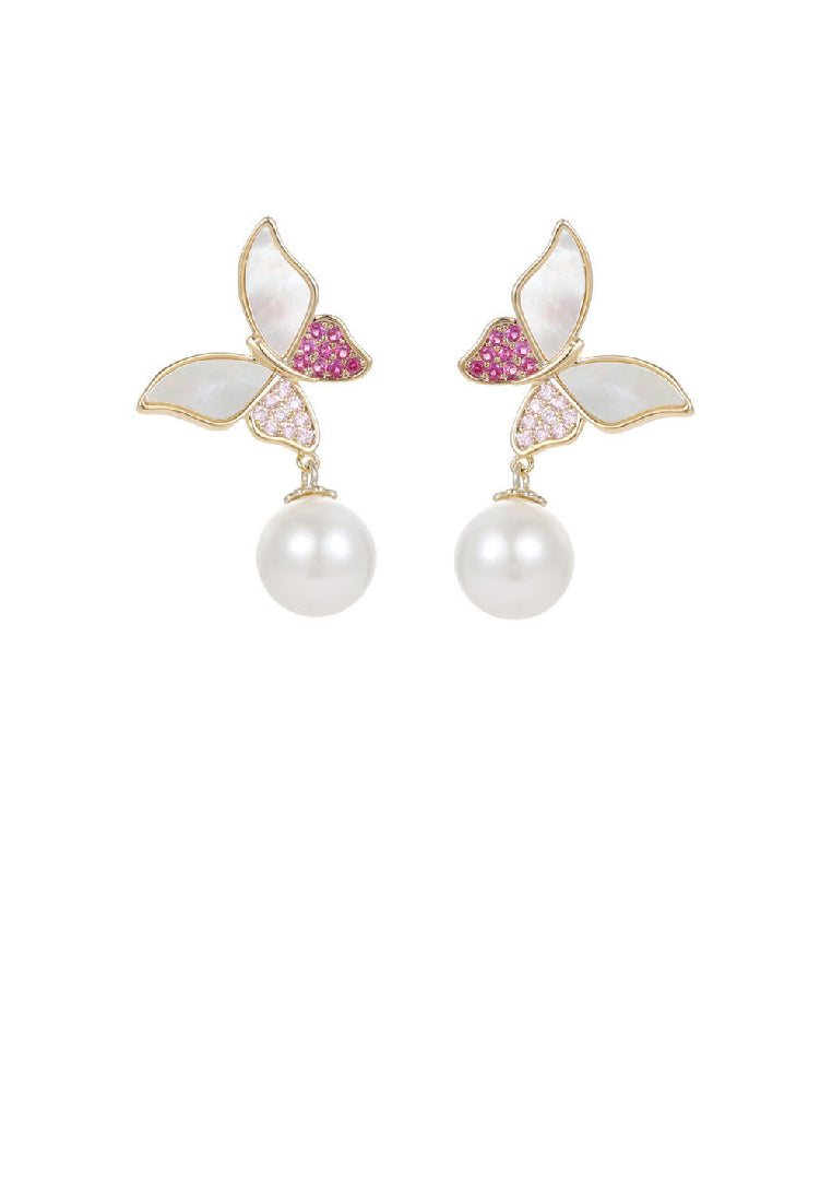 Fashion Elegant Plated Gold Butterfly Imitation Pearl Earrings with Red Cubic Zirconia - Luxurious Look - Vibrant Color