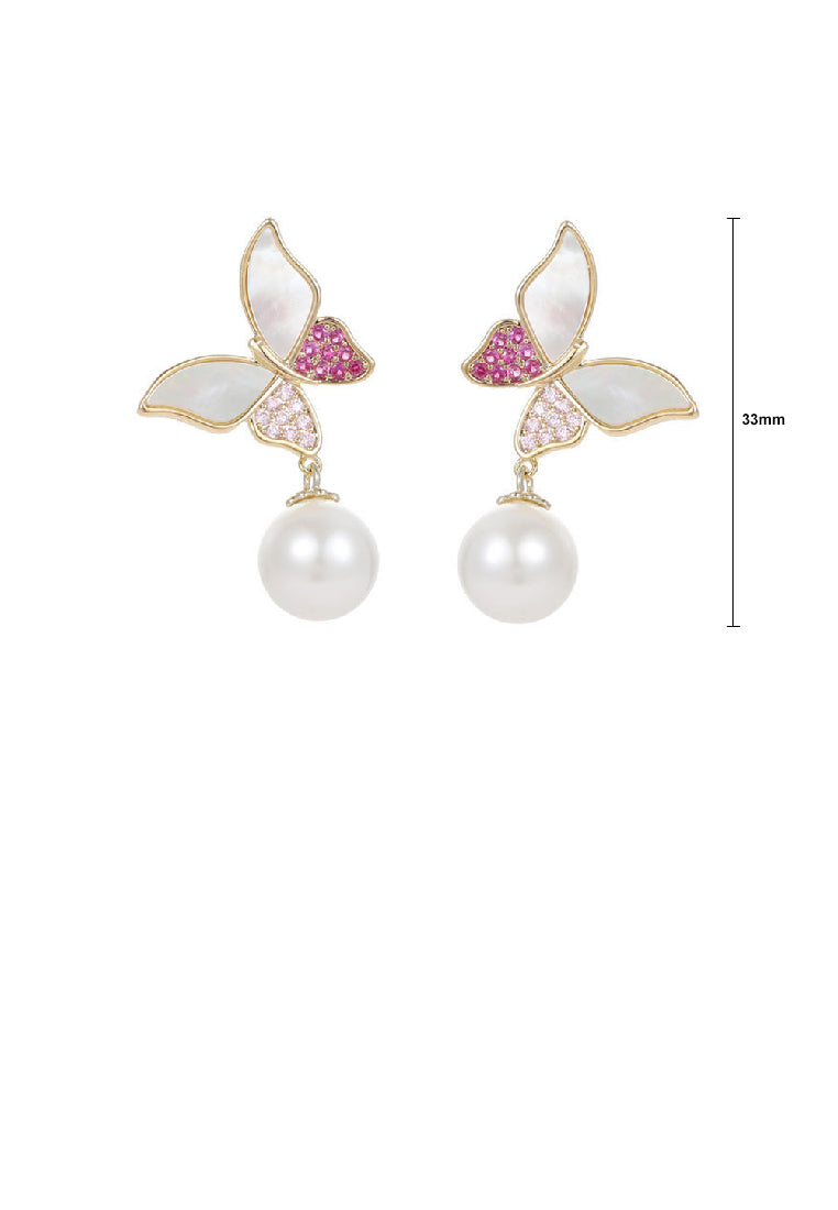 Fashion Elegant Plated Gold Butterfly Imitation Pearl Earrings with Red Cubic Zirconia - Luxurious Look - Vibrant Color