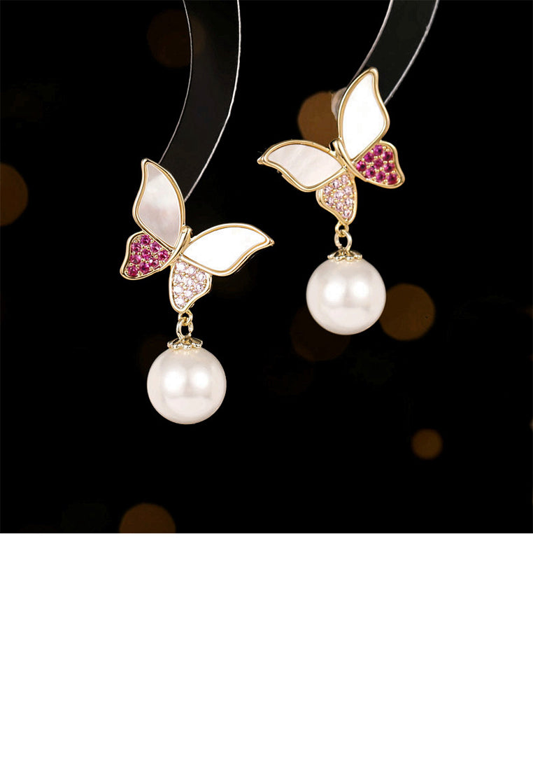 Fashion Elegant Plated Gold Butterfly Imitation Pearl Earrings with Red Cubic Zirconia - Luxurious Look - Vibrant Color