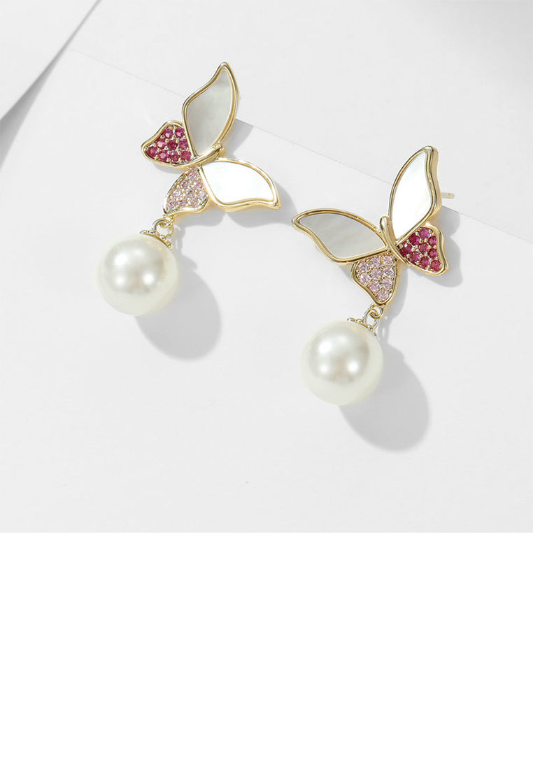 Fashion Elegant Plated Gold Butterfly Imitation Pearl Earrings with Red Cubic Zirconia - Luxurious Look - Vibrant Color