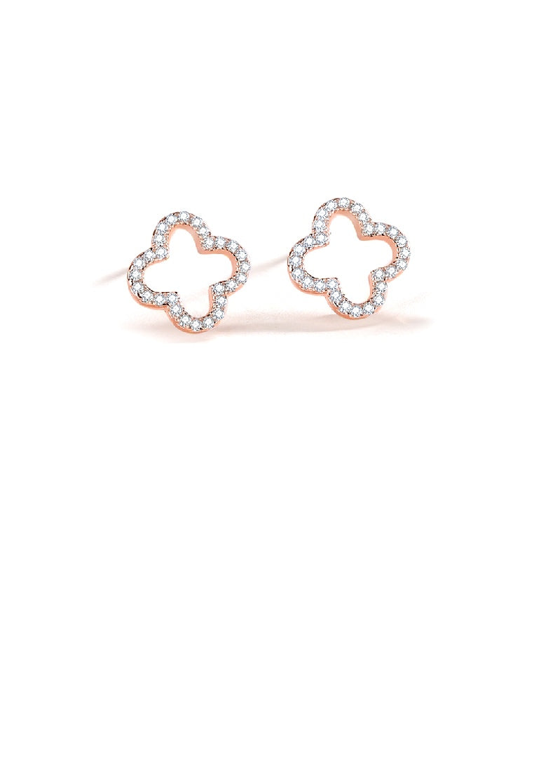 925 Sterling Silver Plated Rose Gold Simple Fashion Hollow Four-leafed Clover Stud Earrings with Cubic Zirconia - Luxurious Look