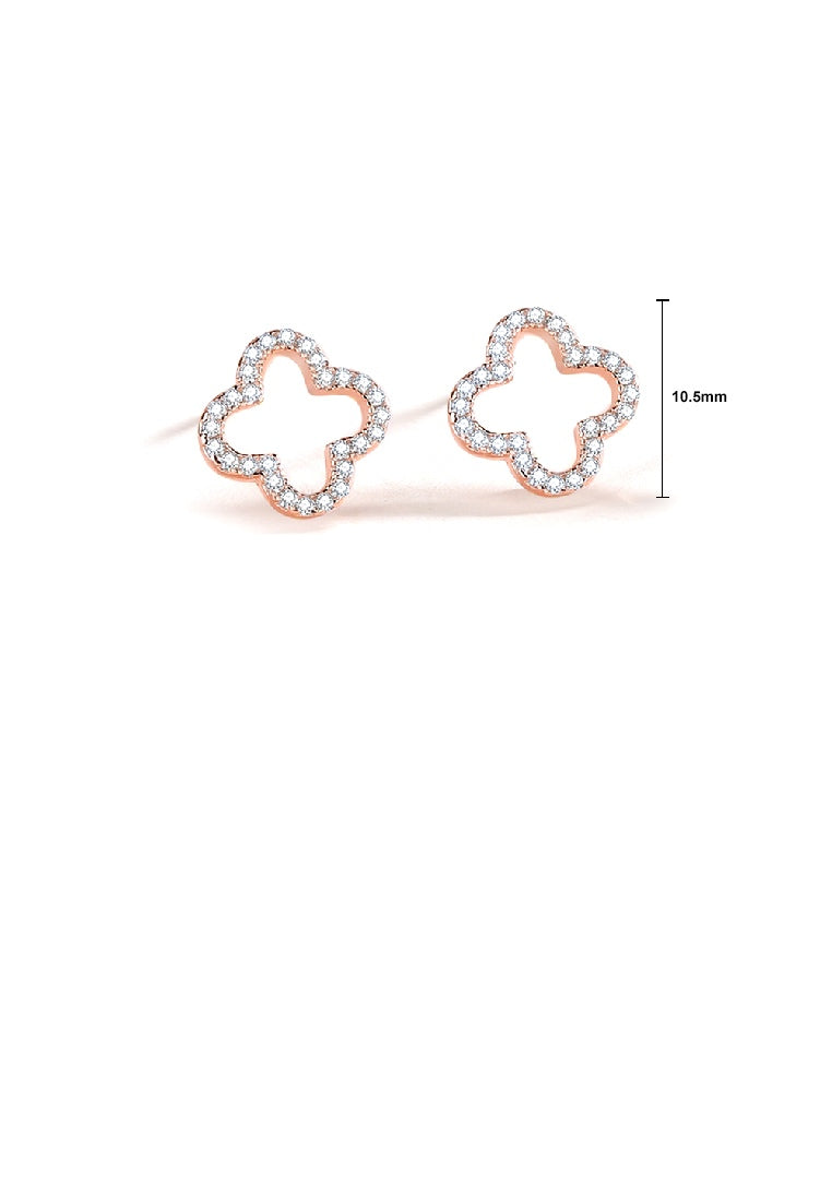 925 Sterling Silver Plated Rose Gold Simple Fashion Hollow Four-leafed Clover Stud Earrings with Cubic Zirconia - Luxurious Look