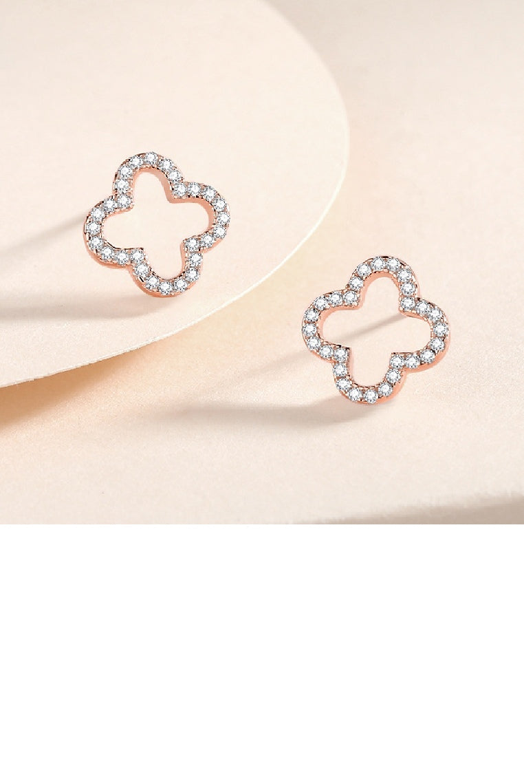 925 Sterling Silver Plated Rose Gold Simple Fashion Hollow Four-leafed Clover Stud Earrings with Cubic Zirconia - Luxurious Look