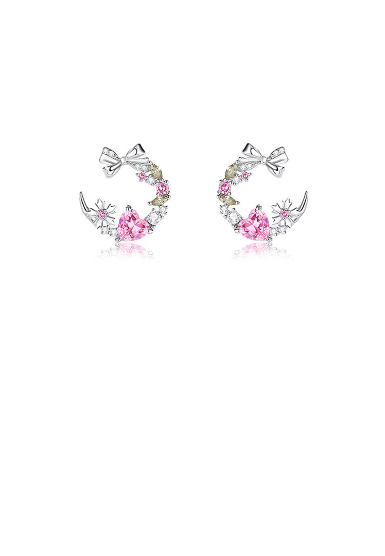 925 Sterling Silver Fashion Sweet Ribbon Moon Stud Earrings with Cubic Zirconia - Luxurious Look