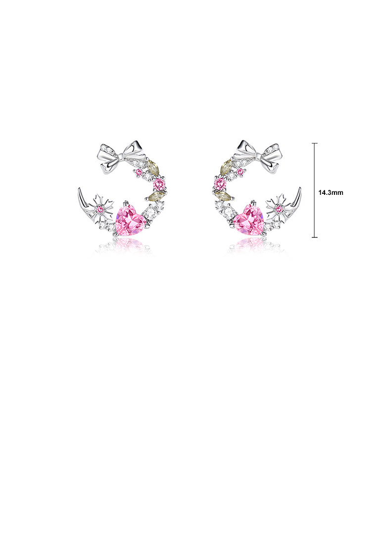 925 Sterling Silver Fashion Sweet Ribbon Moon Stud Earrings with Cubic Zirconia - Luxurious Look