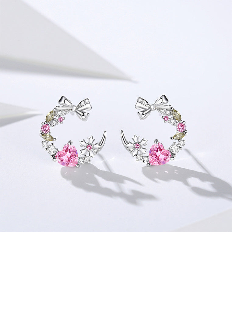 925 Sterling Silver Fashion Sweet Ribbon Moon Stud Earrings with Cubic Zirconia - Luxurious Look