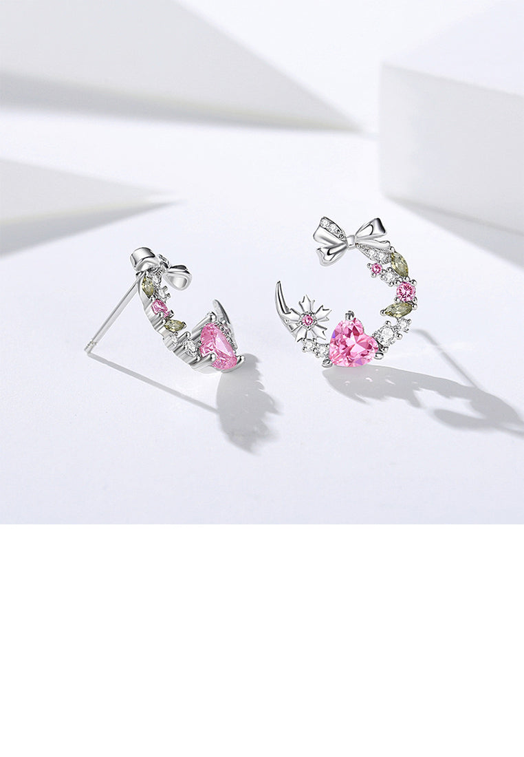 925 Sterling Silver Fashion Sweet Ribbon Moon Stud Earrings with Cubic Zirconia - Luxurious Look