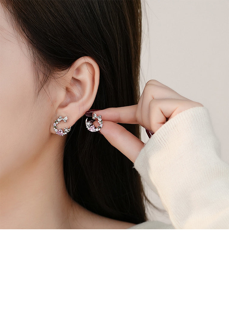 925 Sterling Silver Fashion Sweet Ribbon Moon Stud Earrings with Cubic Zirconia - Luxurious Look