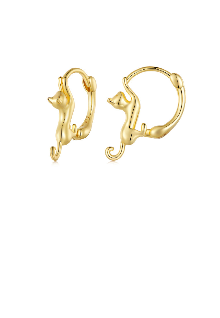 925 Sterling Silver Plated Gold Lovely Cat Geometric Circle Earrings