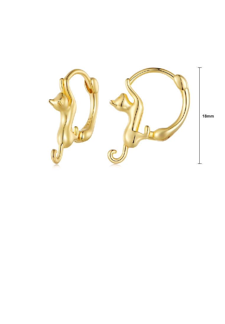 925 Sterling Silver Plated Gold Lovely Cat Geometric Circle Earrings
