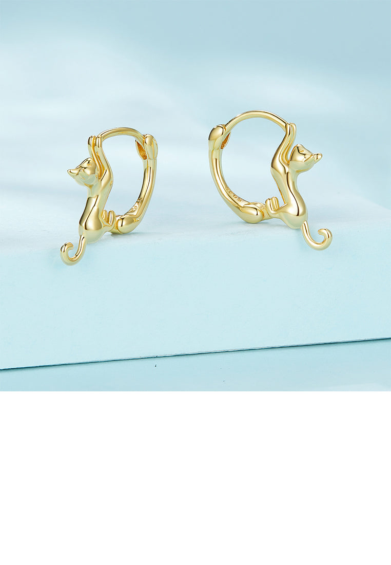 925 Sterling Silver Plated Gold Lovely Cat Geometric Circle Earrings